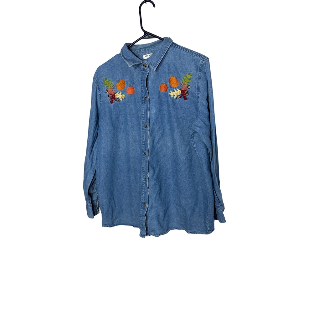Cherokee Womens 16W Denim Button Down Shirt Fall Pumpkin Embroidery Blue Cotton